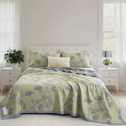 Couverture réversible inspirée du ginkgo en coton naturel - Vert - Couette avec 2 taies d'oreiller - 244 cm x 264 cm - image 12