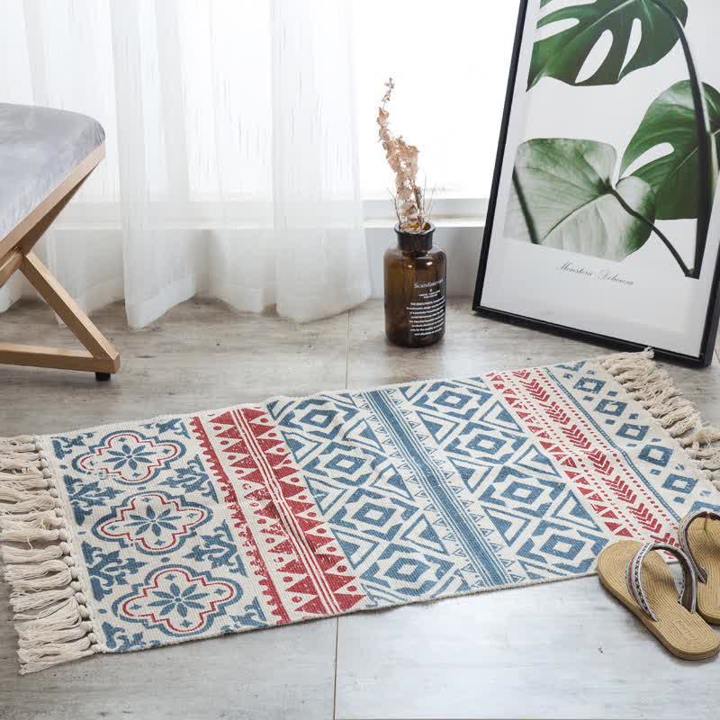 Tapis de sol en coton et lin de style bohème avec pompon - image 1