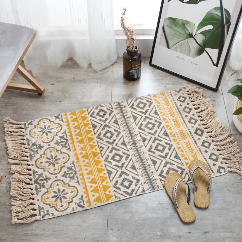 Tapis de sol en coton et lin de style bohème avec pompon - Jaune - 60 cm x 180 cm - image 5