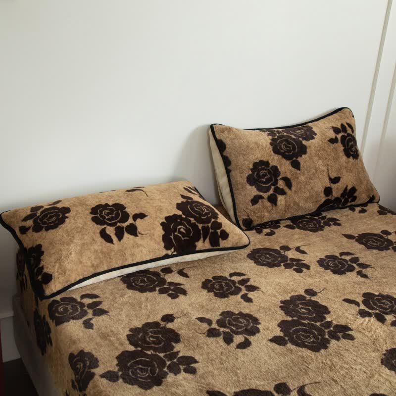 Drap-housse en peluche à motif rose - Café - 2 taies d'oreiller - 48 cm x 74 cm - image 9