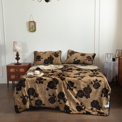 Drap-housse en peluche à motif rose - Café - Couverture avec 2 taies d'oreiller - 220 cm x 240 cm - image 3