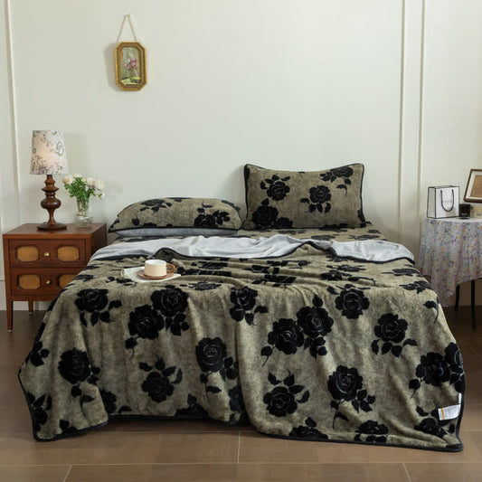 Drap-housse en peluche à motif rose - Gris - 2 taies d'oreiller - 48 cm x 74 cm - image 0