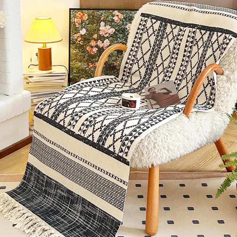 Tapis en coton et lin à pompons géométriques - 60 cm x 180 cm - image 0