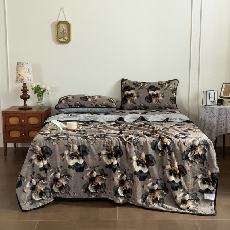 Drap-housse luxueux en peluche avec motif floral - 2 taies d'oreiller - 48 cm x 74 cm - image 0