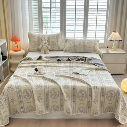 Couette en mousseline de coton à rayures florales et motif ours - 2 taies d'oreiller - 50 cm x 80 cm - image 0