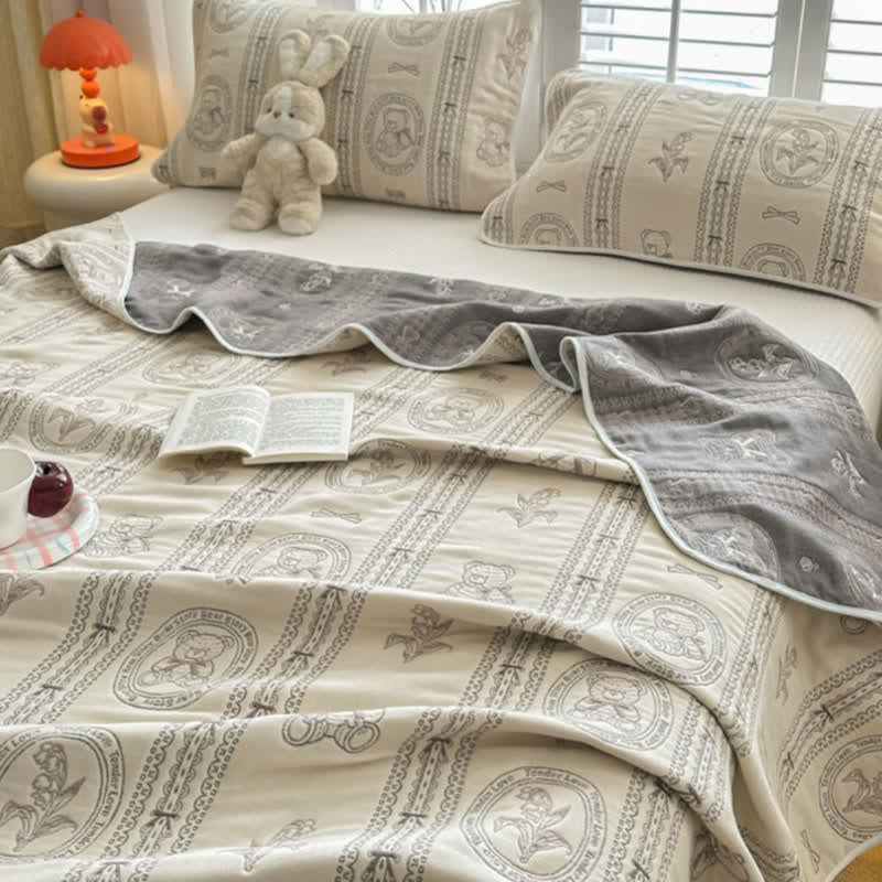 Couette en mousseline de coton à rayures florales et motif ours - image 2