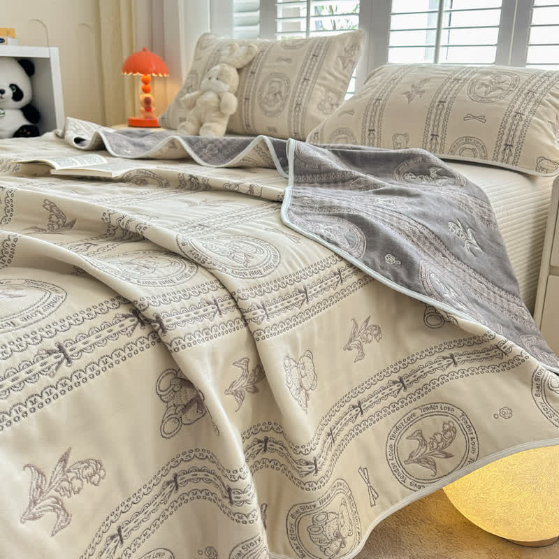 Couette en mousseline de coton à rayures florales et motif ours - image 1