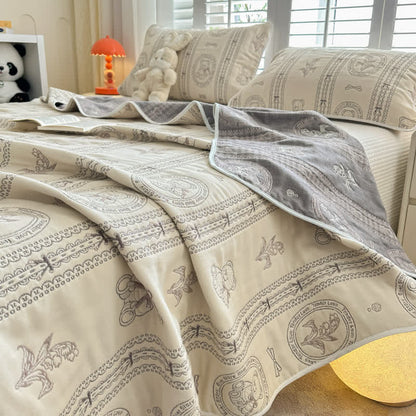 Couette en mousseline de coton à rayures florales et motif ours - image 1