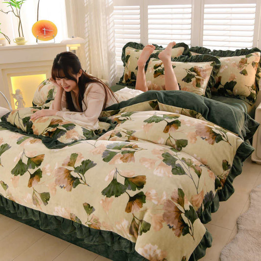 Parure de lit 4 pièces avec housse de couette à volants en peluche motif feuille de ginkgo - 220 cm x 240 cm - image 0
