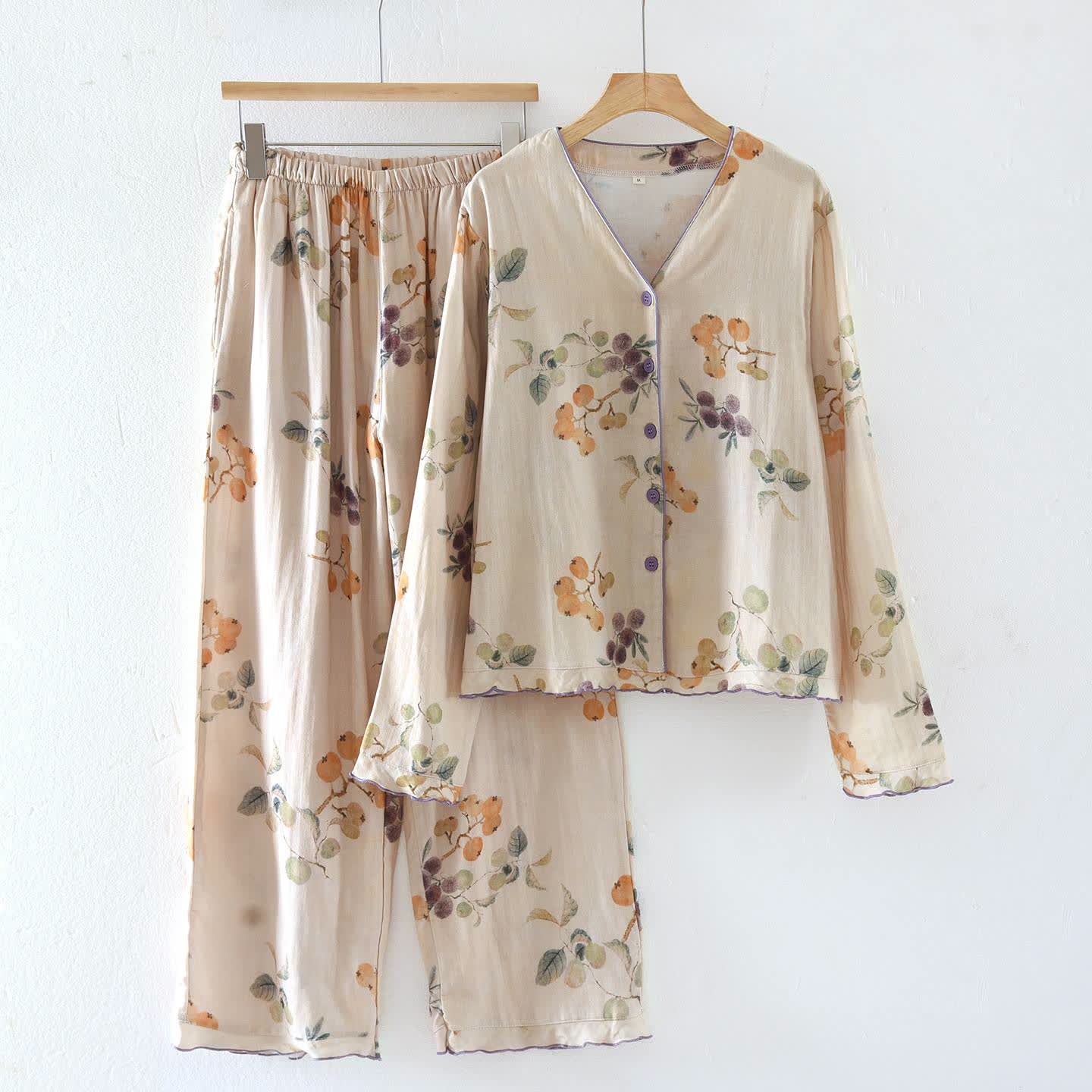 Ensemble de vêtements d'intérieur en gaze de coton à imprimé feuilles et fruits - XL - image 0