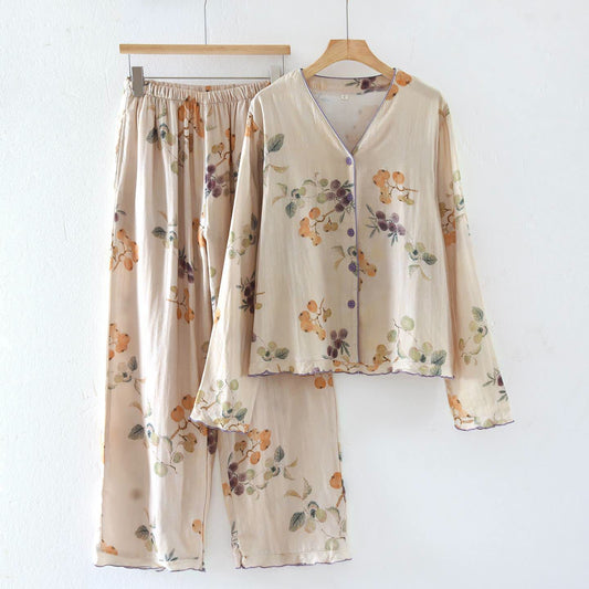 Ensemble de vêtements d'intérieur en gaze de coton à imprimé feuilles et fruits - XL - image 0