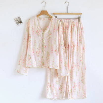 Ensemble de vêtements d'intérieur en gaze de coton rose avec motif rose - XL - image 0