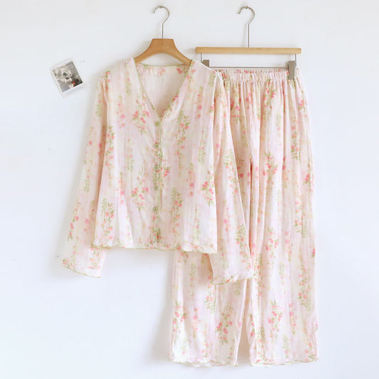 Ensemble de vêtements d'intérieur en gaze de coton rose avec motif rose - XL - image 0