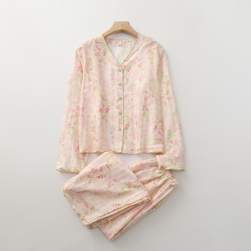 Ensemble de vêtements d'intérieur en gaze de coton rose avec motif rose - image 1