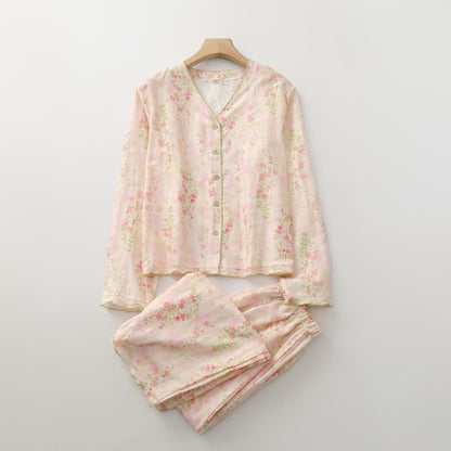 Ensemble de vêtements d'intérieur en gaze de coton rose avec motif rose - image 1