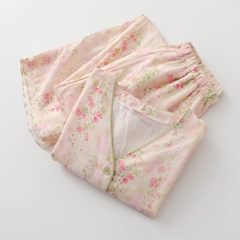 Ensemble de vêtements d'intérieur en gaze de coton rose avec motif rose - image 2