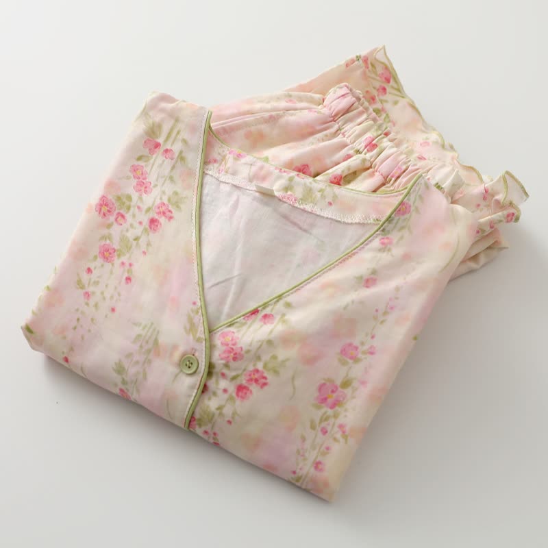 Ensemble de vêtements d'intérieur en gaze de coton rose avec motif rose - image 3