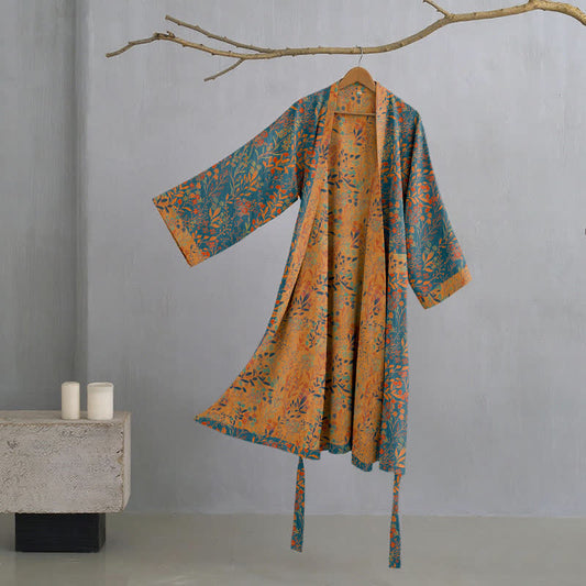Peignoir kimono vintage Ownkoti en gaze de coton à motifs de feuilles - Bleu et orange - XL - image 0