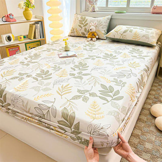 Drap-housse en coton au motif de feuilles naturelles - Drap-housse avec 2 taies d'oreiller - 200 cm x 220 cm - image 0