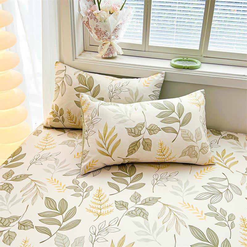 Drap-housse en coton au motif de feuilles naturelles - 2 taies d'oreiller - 48 cm x 74 cm - image 3
