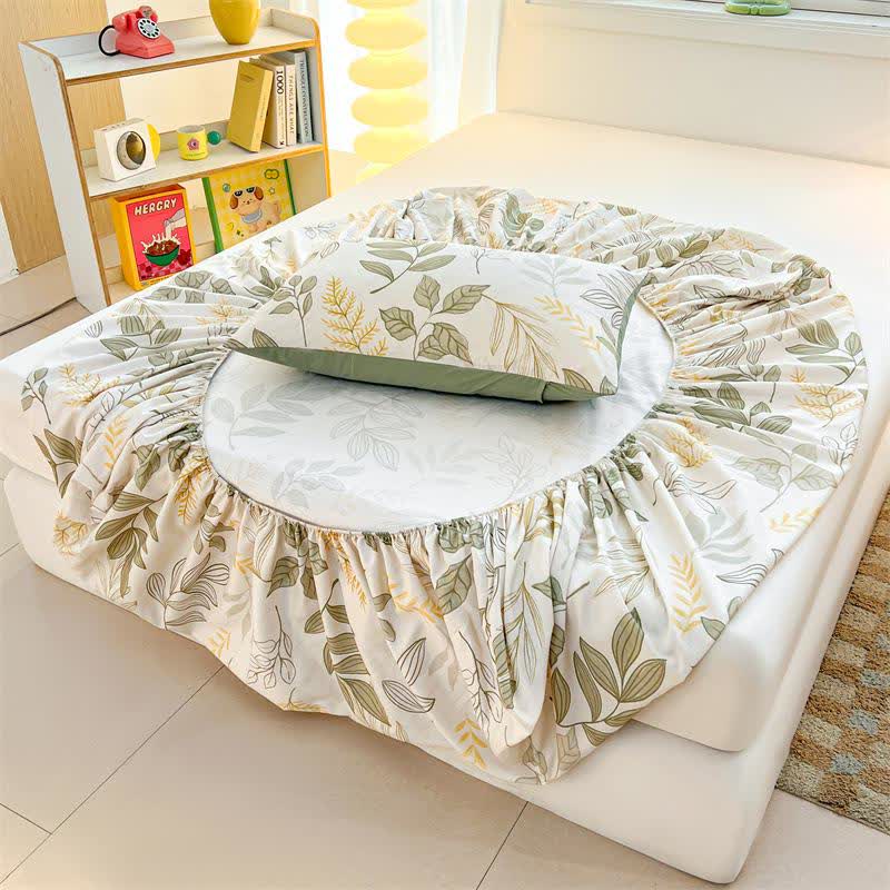Drap-housse en coton au motif de feuilles naturelles - image 1