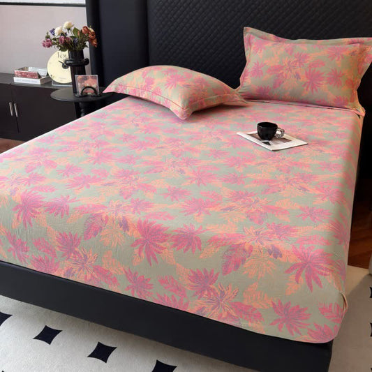Drap-housse en gaze de coton avec motif de feuilles artistiques - Vert clair - Drap-housse avec 2 taies d'oreiller - 180 cm x 200 cm - image 0