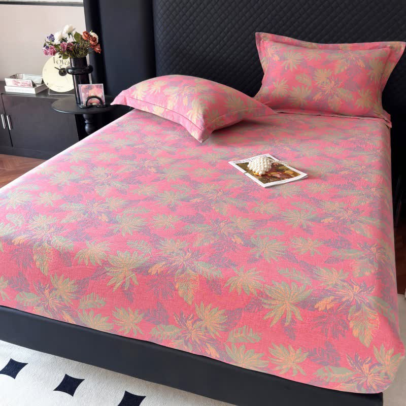 Drap-housse en gaze de coton avec motif de feuilles artistiques - Rose - Drap-housse avec 2 taies d'oreiller - 180 cm x 200 cm - image 3