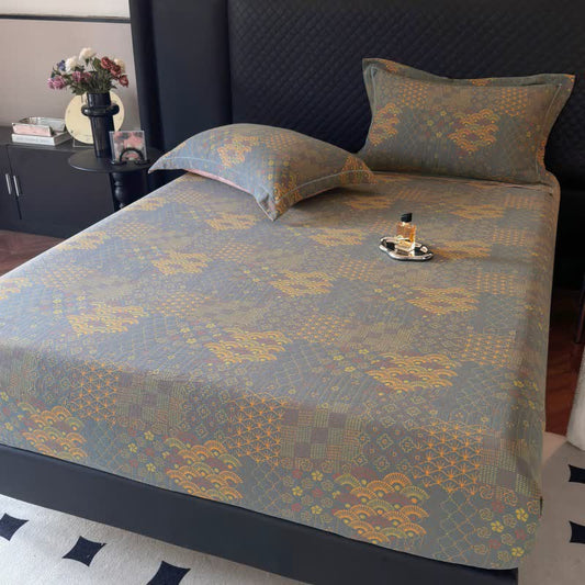 Drap-housse en coton à motif éventail rétro - Gris Vert - Drap-housse avec 2 taies d'oreiller - 180 cm x 200 cm - image 0
