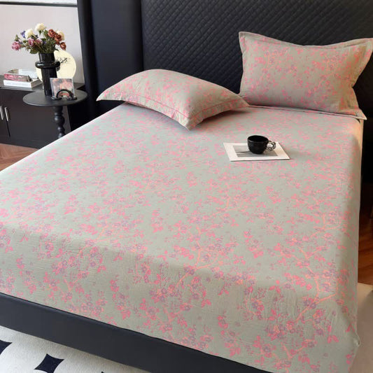 Drap-housse en gaze de coton à motif fleur de prunier - Vert clair - Drap-housse avec 2 taies d'oreiller - 180 cm x 200 cm - image 0