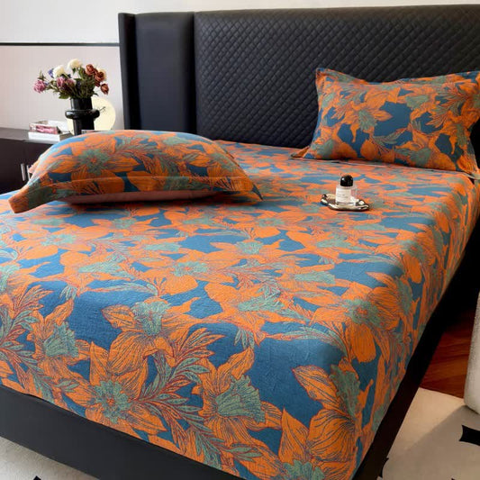 Drap-housse en gaze de coton à motif floral de lys - Orange - Drap-housse avec 2 taies d'oreiller - 180 cm x 200 cm - image 0