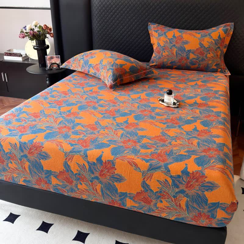 Drap-housse en gaze de coton à motif floral de lys - Bleu - Drap-housse avec 2 taies d'oreiller - 180 cm x 200 cm - image 4