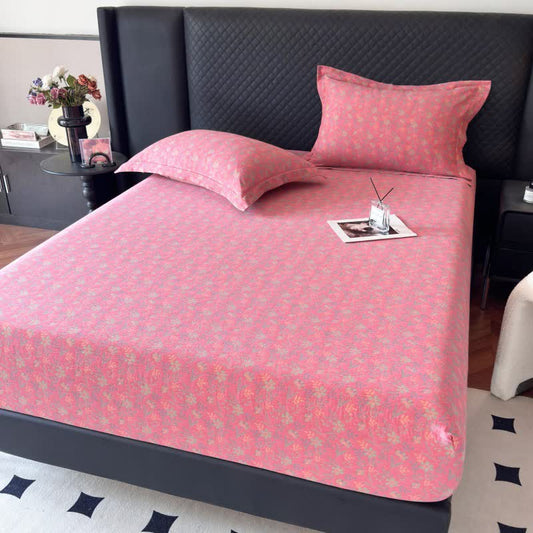 Drap-housse en gaze de coton à motif floral pastoral - Rose - Drap-housse avec 2 taies d'oreiller - 180 cm x 200 cm - image 0