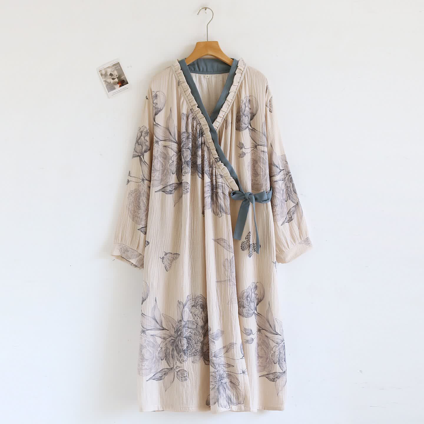 Chemise de nuit en gaze de coton à motif floral papillon oriental - XL - image 1