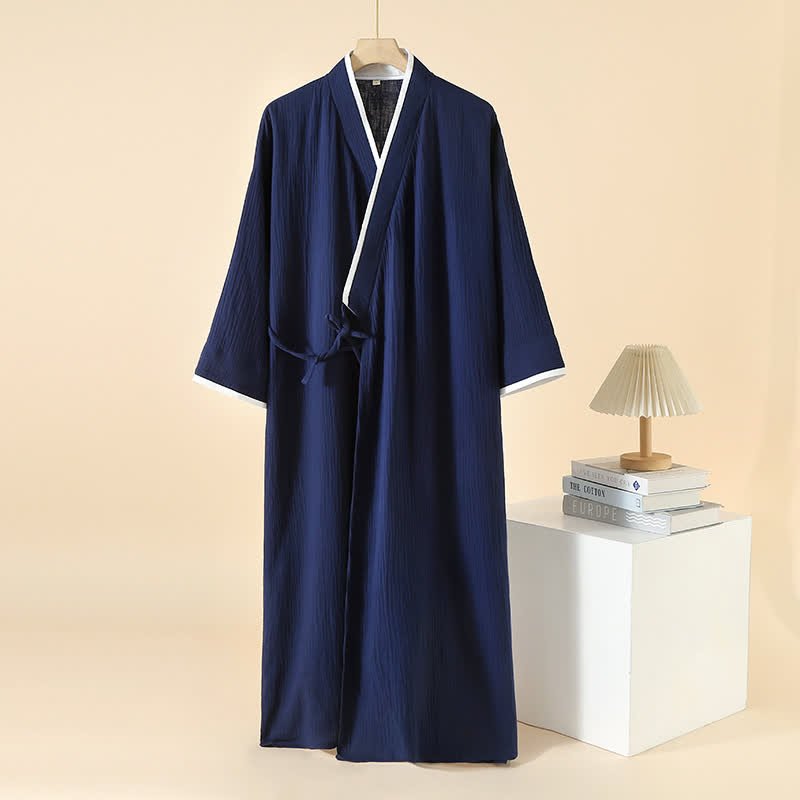 Peignoir kimono minimaliste unisexe en gaze de coton - Bleu marine et blanc - XL - image 2