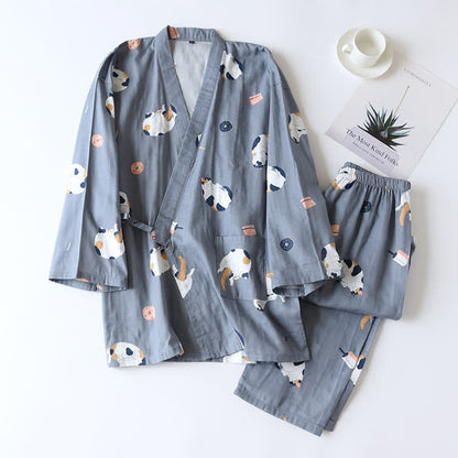 Kimono chat assorti en gaze de coton - bleu foncé - Hommes - XL - image 14