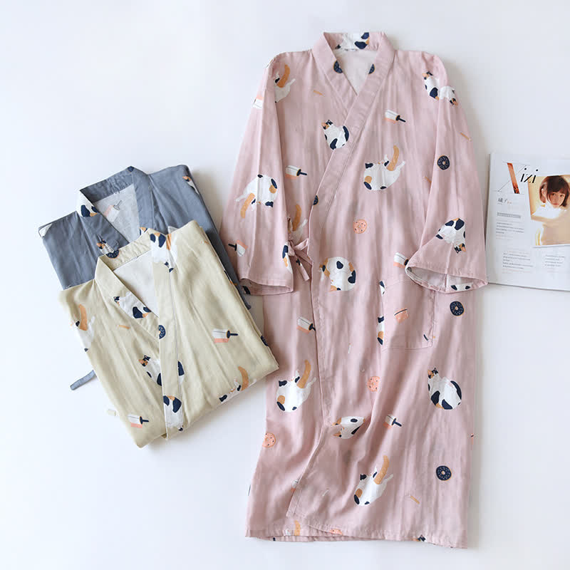 Peignoir kimono assorti en gaze de coton à motif chat - image 1