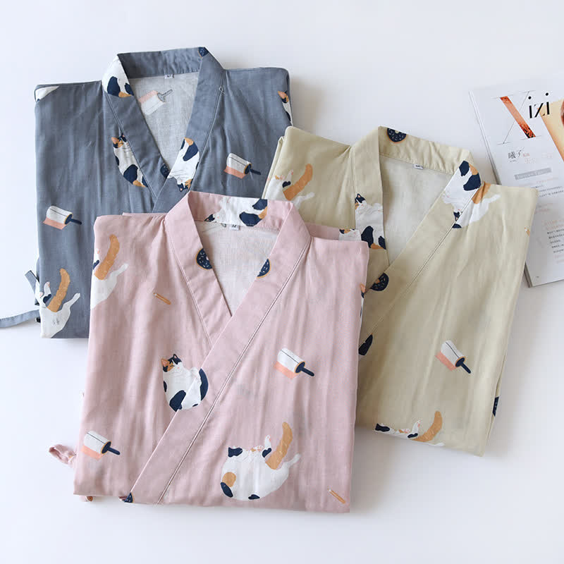 Peignoir kimono assorti en gaze de coton à motif chat - image 2