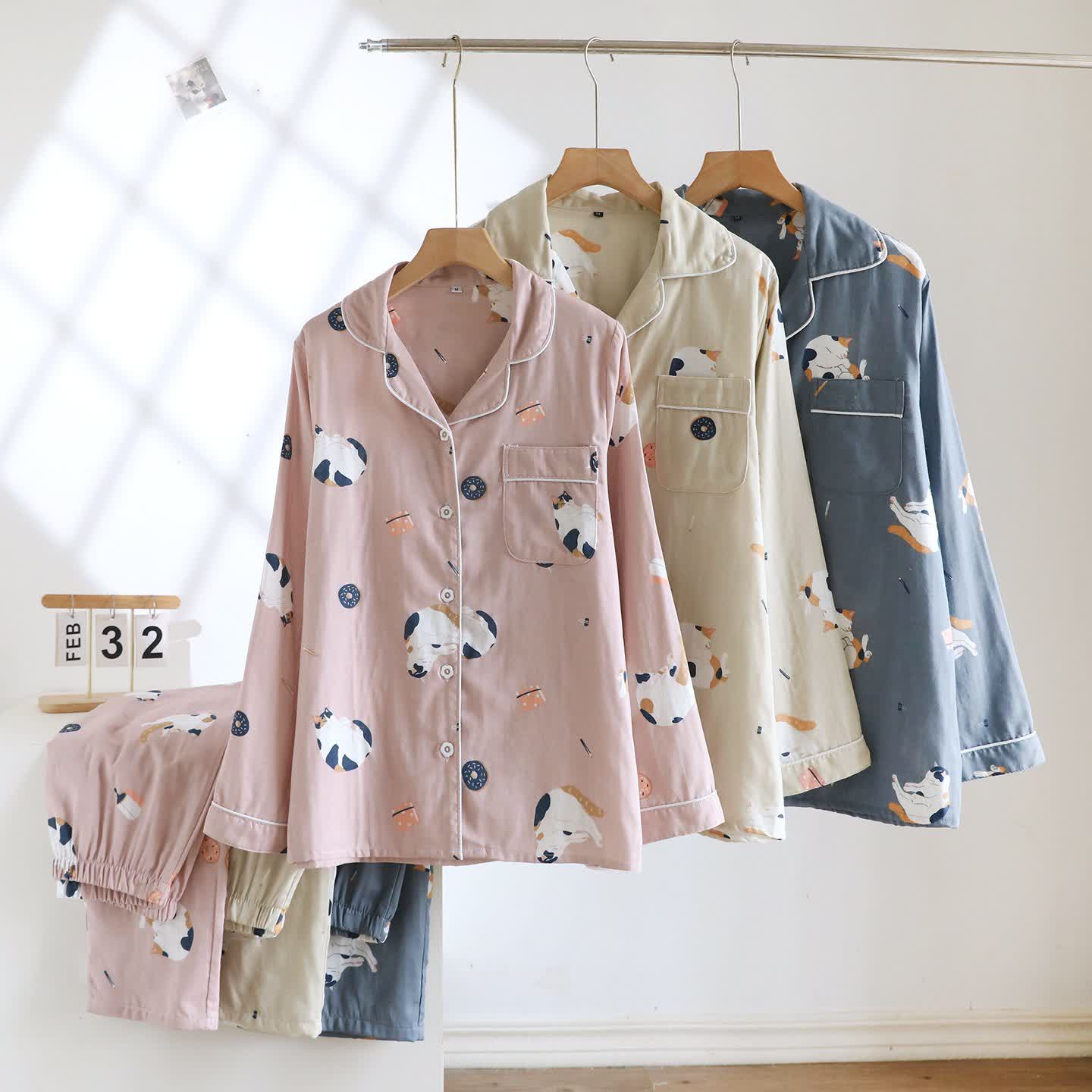 Ensemble de vêtements de détente en coton assorti avec un chat de dessin animé - image 0