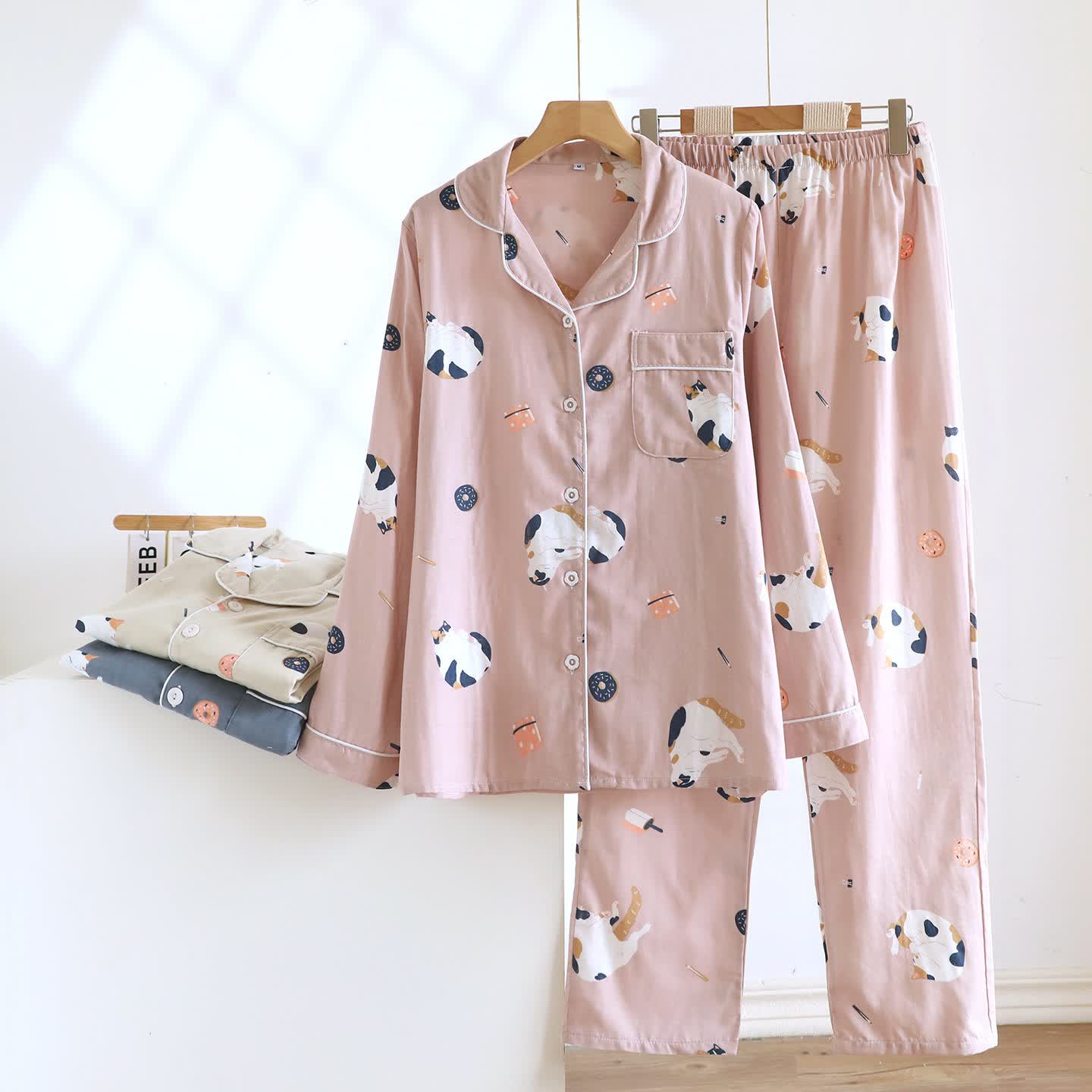 Ensemble de vêtements de détente en coton assorti avec un chat de dessin animé - image 3