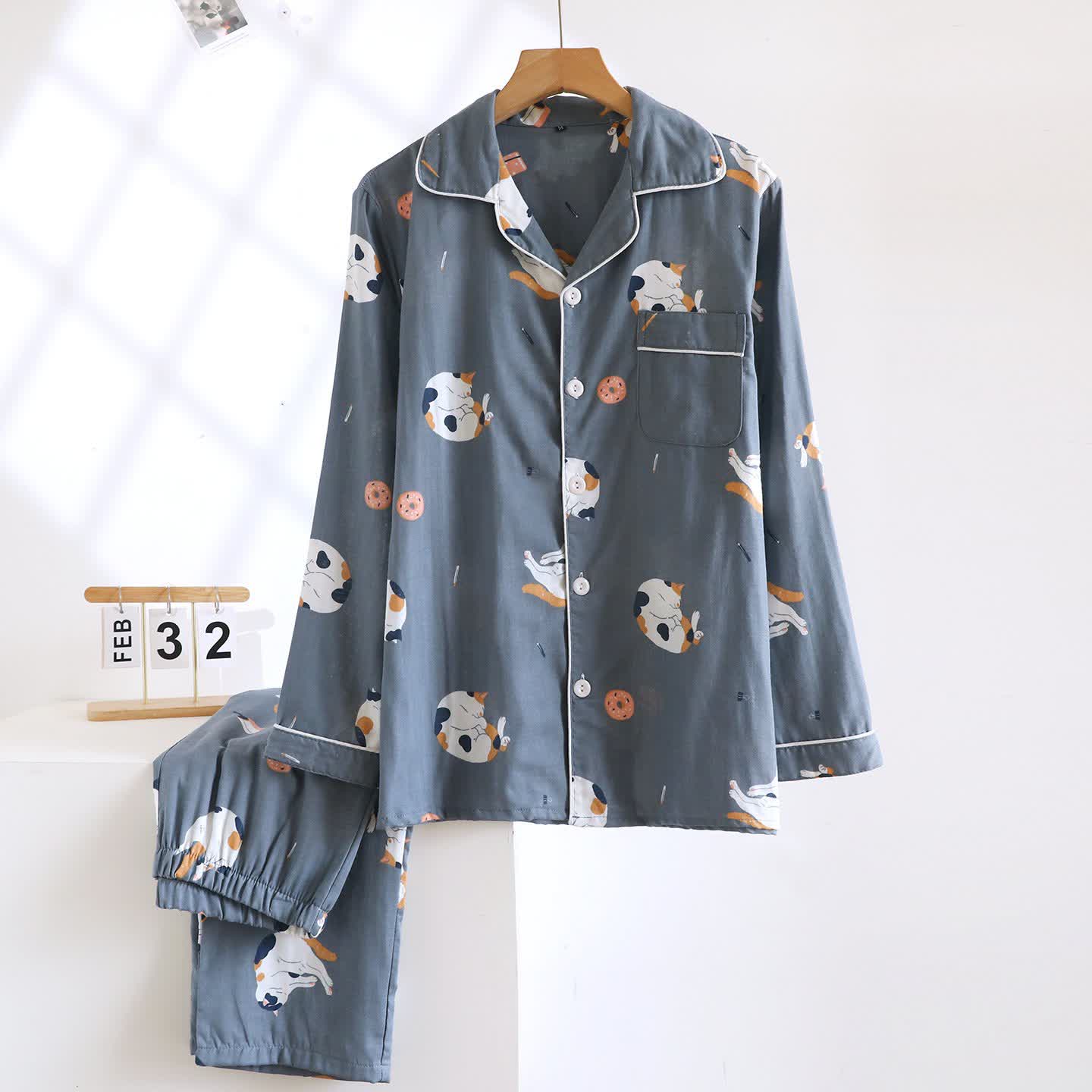 Ensemble de vêtements de détente en coton assorti avec un chat de dessin animé - bleu foncé - Hommes - XL - image 16