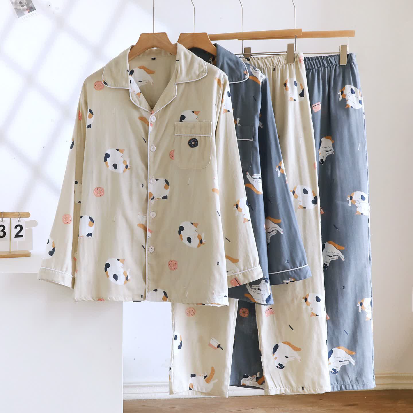 Ensemble de vêtements de détente en coton assorti avec un chat de dessin animé - image 1