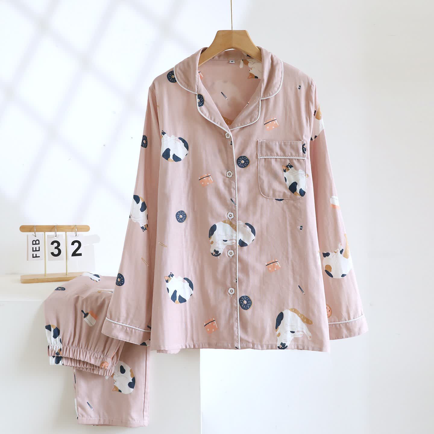 Ensemble de vêtements de détente en coton assorti avec un chat de dessin animé - Rose - Femmes - XL - image 4