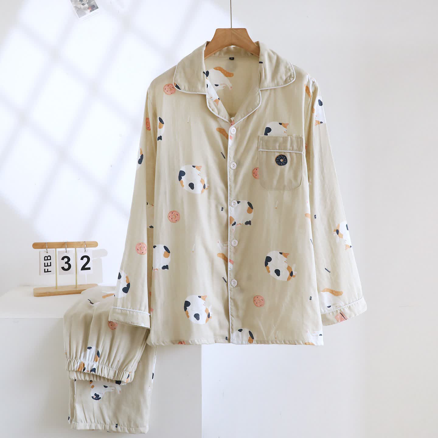 Ensemble de vêtements de détente en coton assorti avec un chat de dessin animé - Kaki - Hommes - XL - image 17