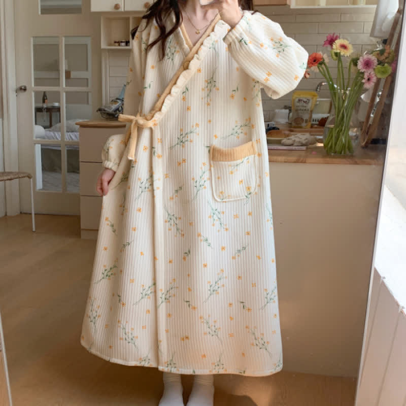 Chemise de nuit fleurie jaune à volants et poche - XXL - image 0