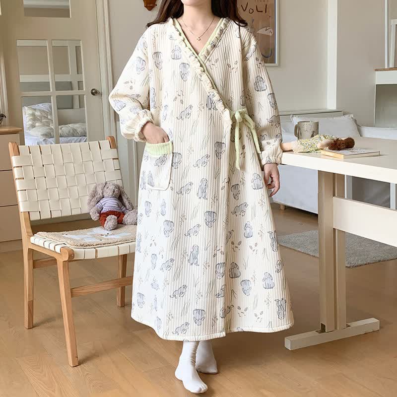 Chemise de nuit à imprimé lapin de dessin animé avec volants et poche - image 1