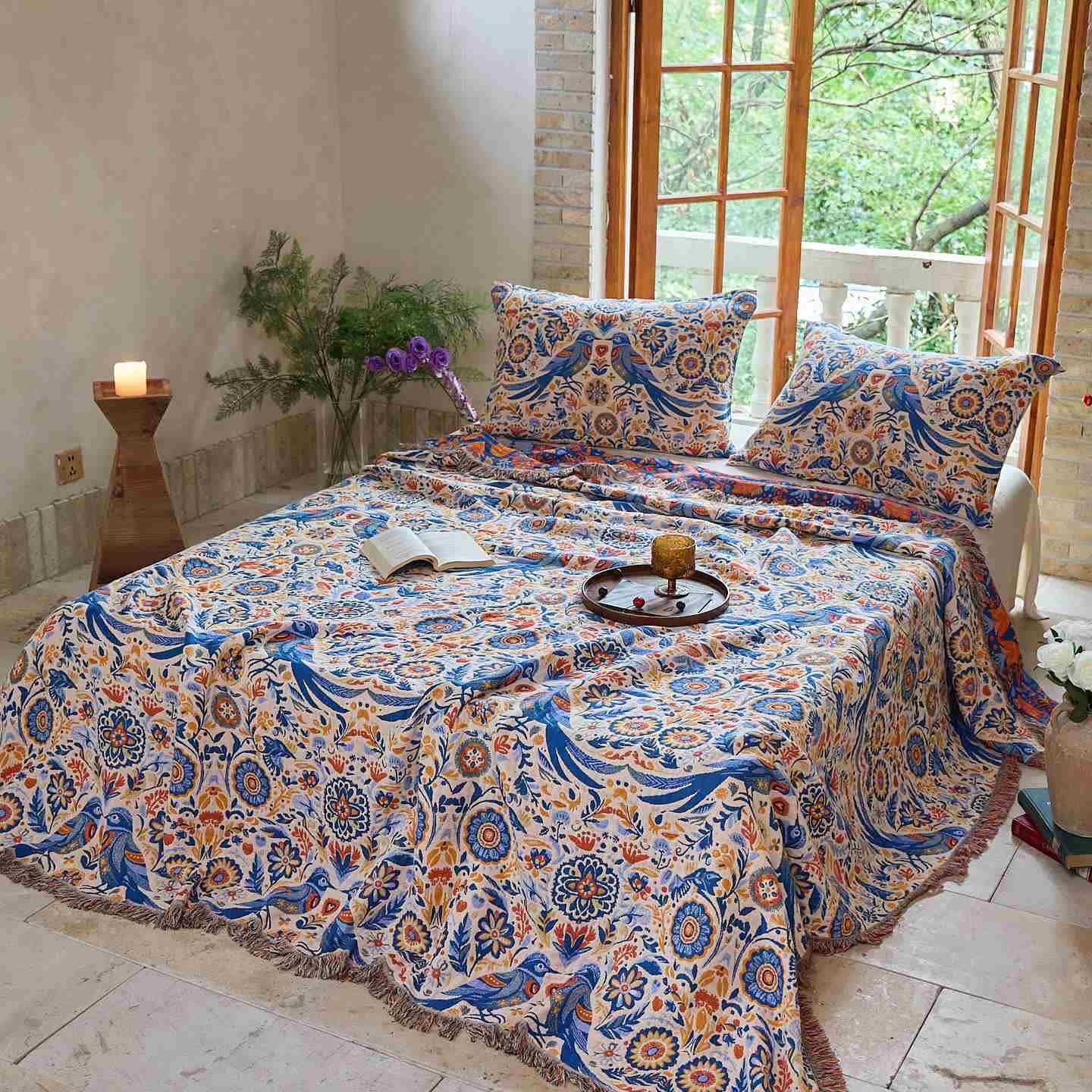 Couverture vintage Ownkoti avec motif oiseau et pompons en gaze de coton - image 1