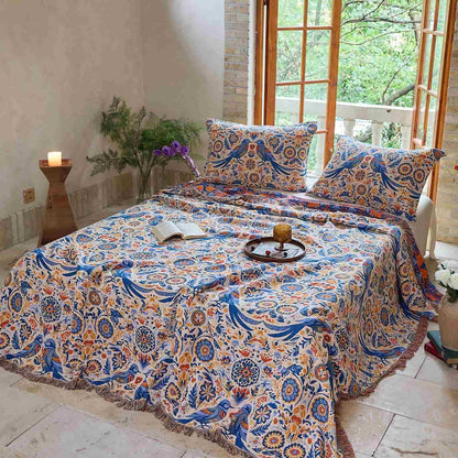 Couverture vintage Ownkoti avec motif oiseau et pompons en gaze de coton - image 1