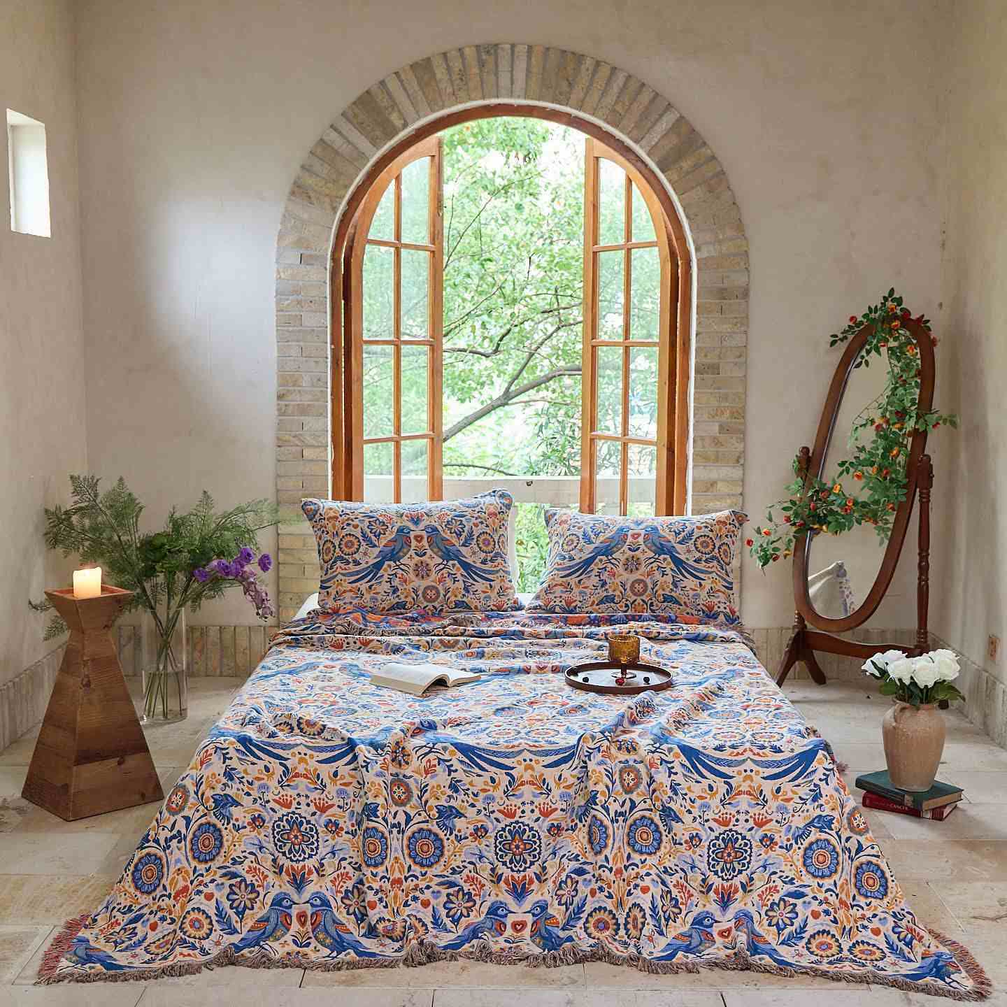 Couverture vintage Ownkoti avec motif oiseau et pompons en gaze de coton - 2 taies d'oreiller - 48 cm x 74 cm - image 0