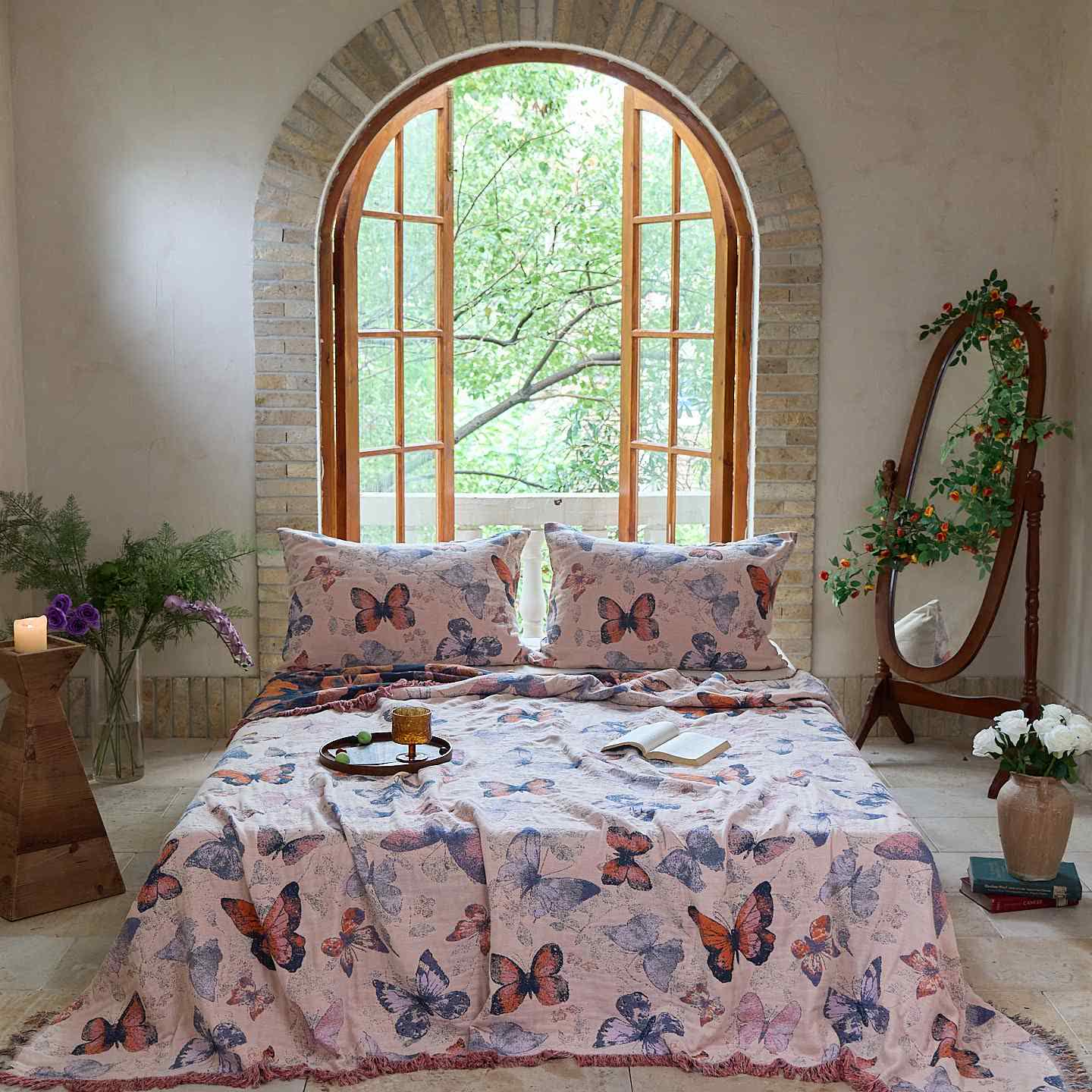 Ownkoti Élégante couverture en coton avec pompon papillon - Rose clair - 2 taies d'oreiller - 48 cm x 74 cm - image 0