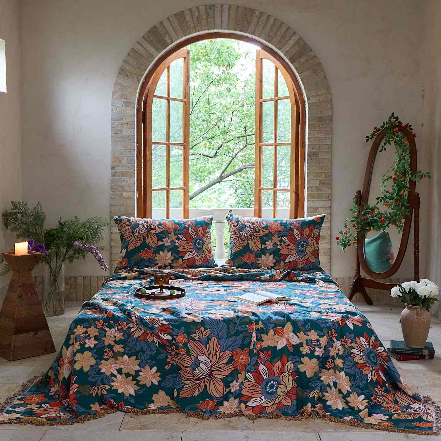 Ownkoti – Flourishing – Couverture en coton avec pompons et motif floral - 2 taies d'oreiller - 48 cm x 74 cm - image 0